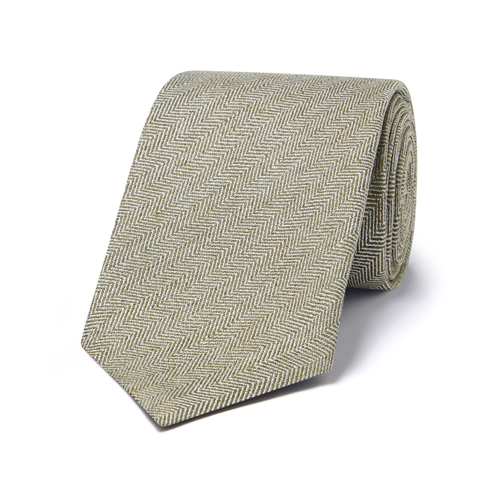Fine Herringbone Silk And Linen Tie In Green