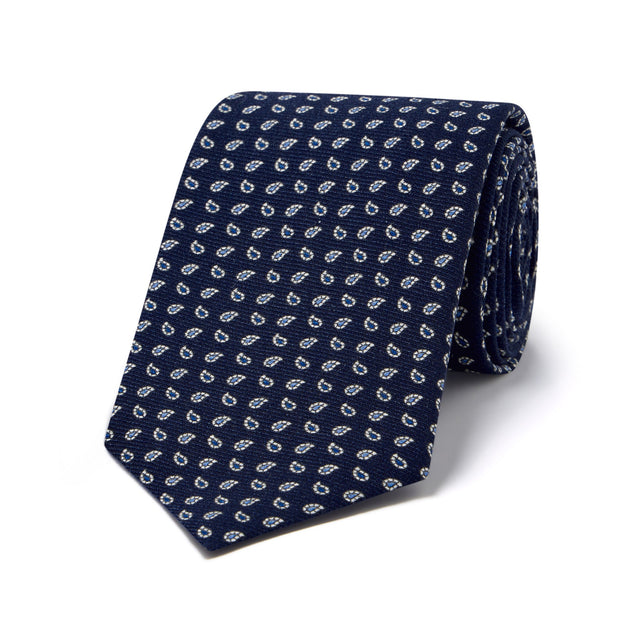 Miniature Teardrop Motif Twill Silk Tie in Navy Blue