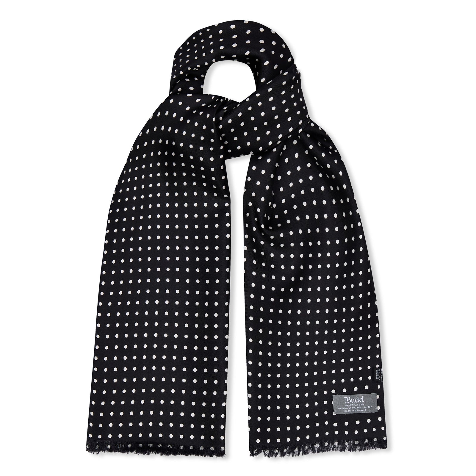 Fringed Silk Spot Scarf in Black