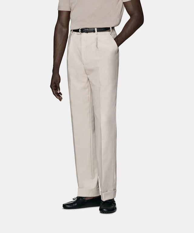 Light Taupe Wide Leg Tapered Suit Trousers