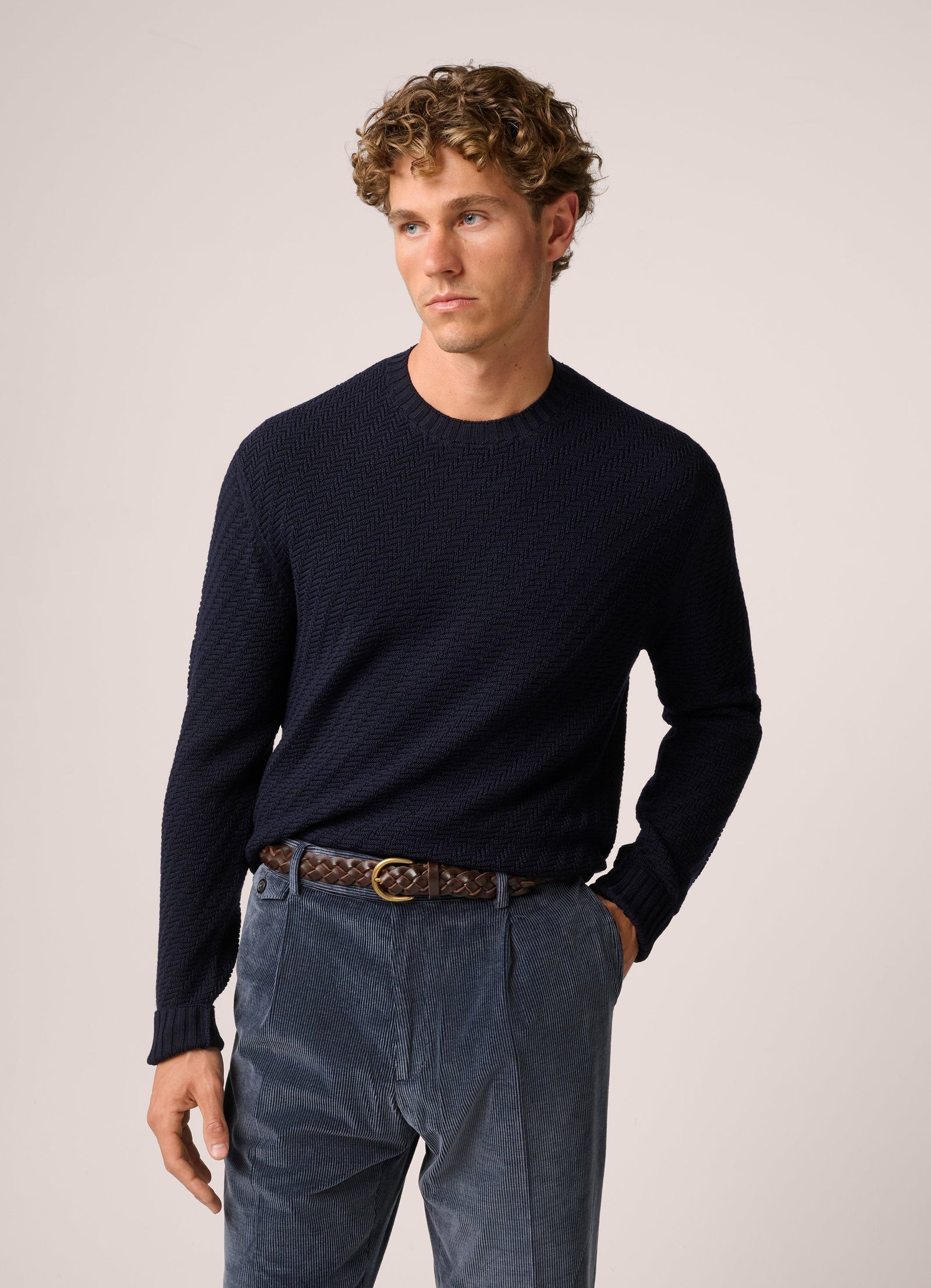 Basketweave Crew Neck Sweater Wool Deep Blue