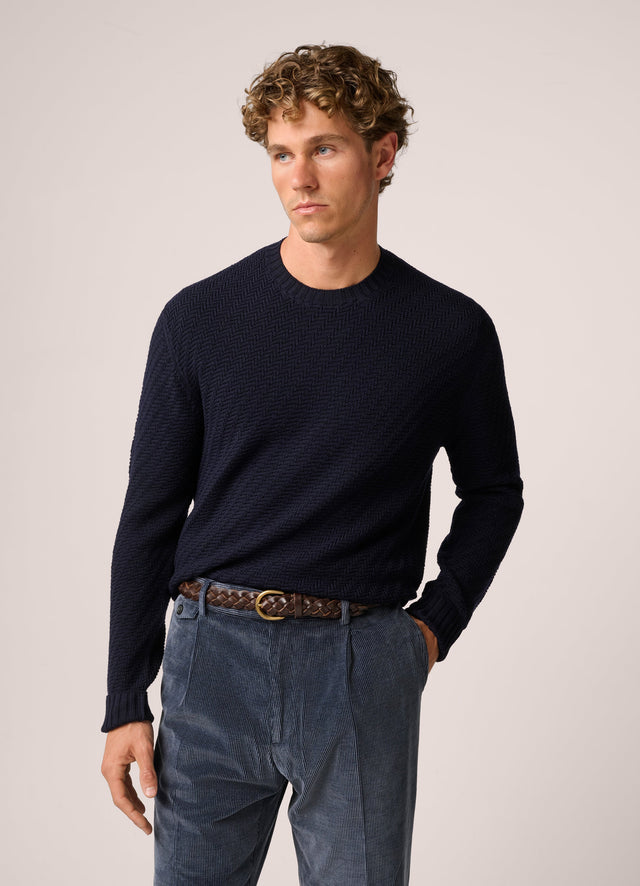 Basketweave Crew Neck Sweater - Wool - Deep Navy Blue