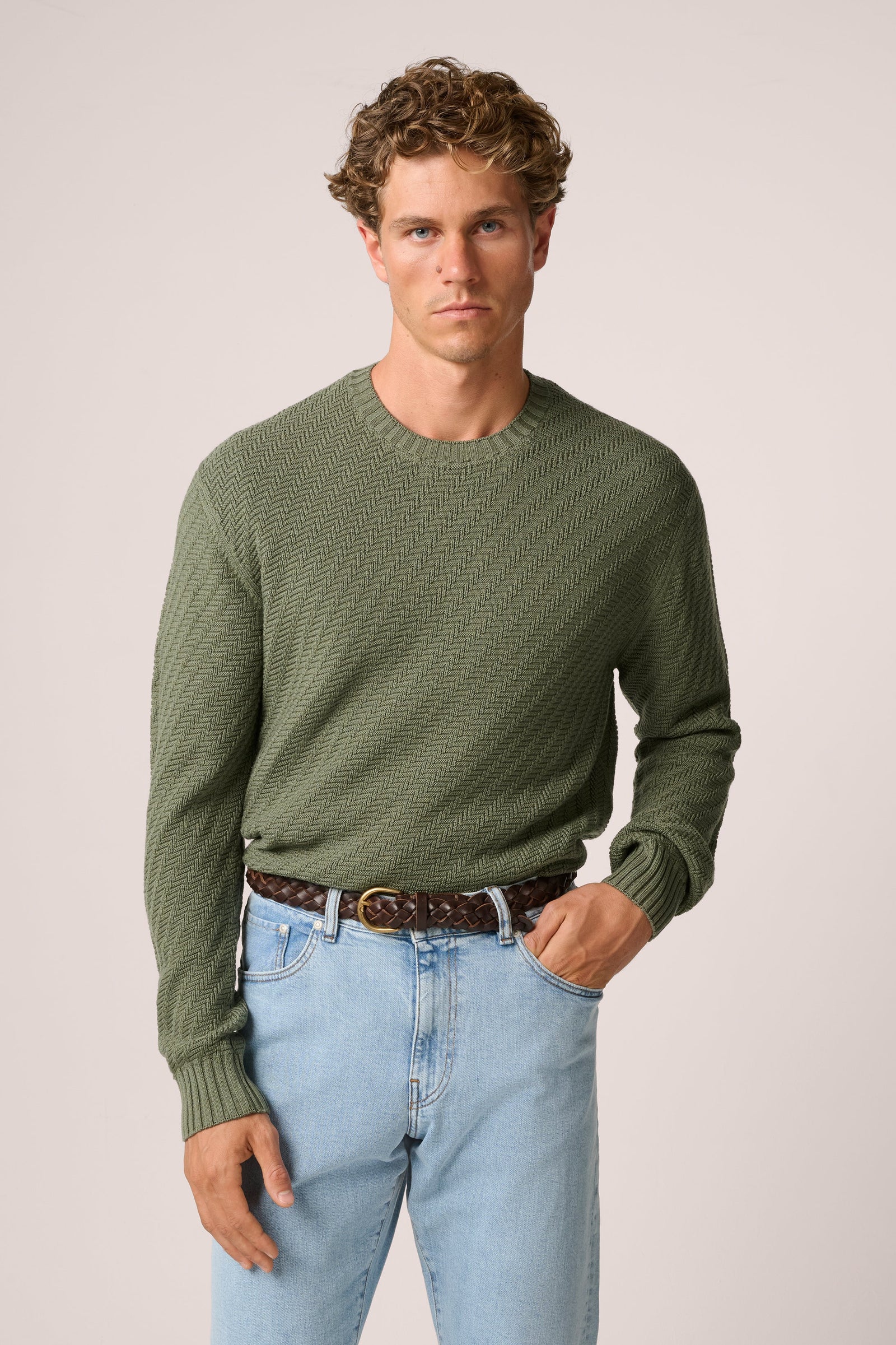 Basketweave Crew Neck Sweater Wool Green