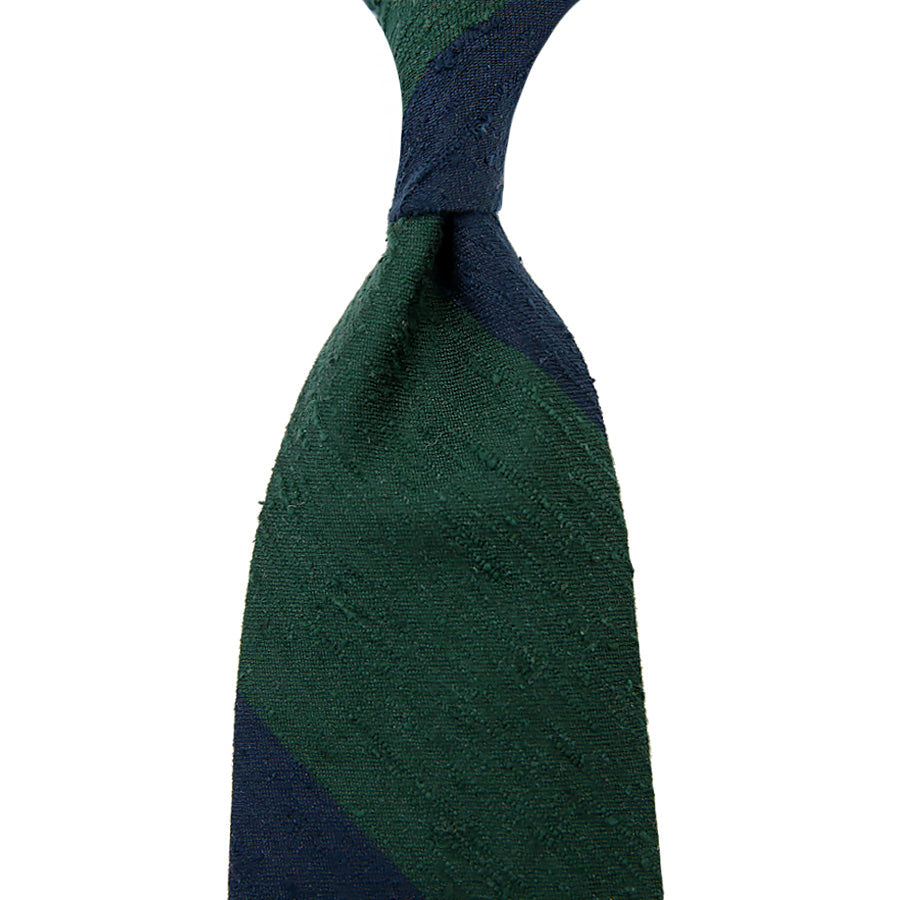 Block Stripe Shantung Silk Tie Forest Hand Rolled
