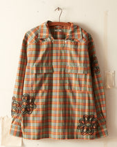 Beaded Floral Madras Long Sleeve Shirt - Blue