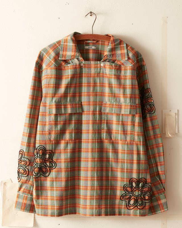 Beaded Floral Madras Long Sleeve Shirt - Blue