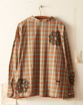Beaded Floral Madras Long Sleeve Shirt - Blue