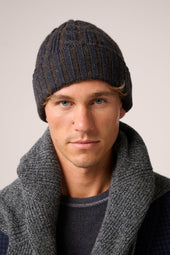 Ribbed Knit Beanie - Cashmere And Wool - Blue And Brown