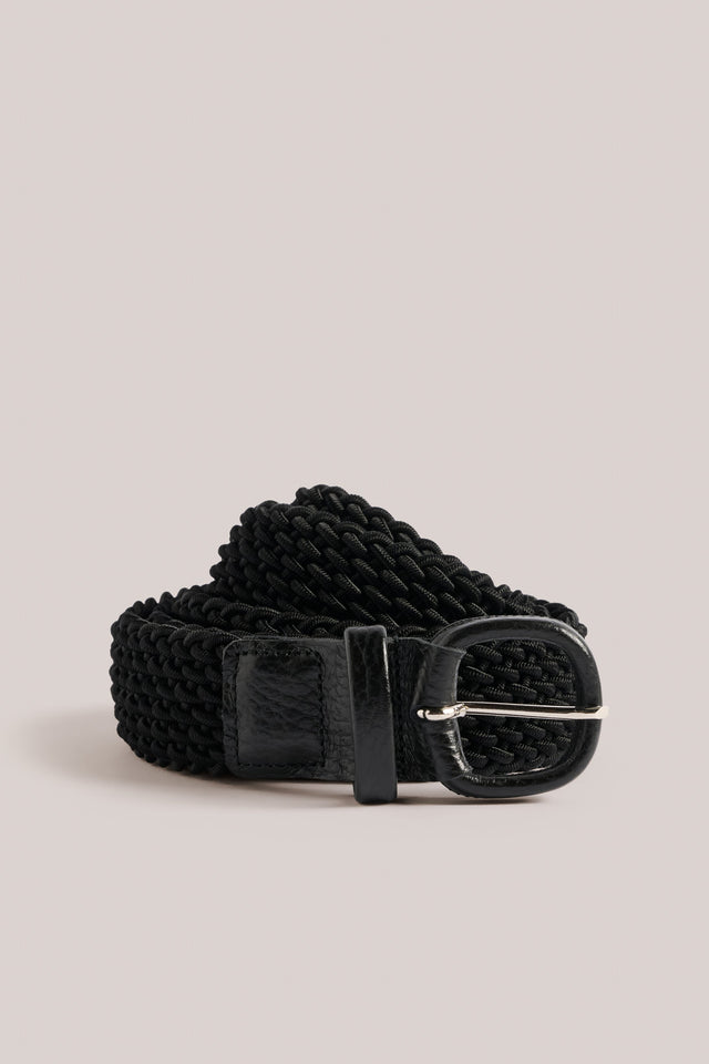Woven Belt - Elastic & Leather - Black