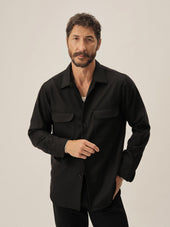 Black Wool Gabardine Diamondhead Camp Shirt