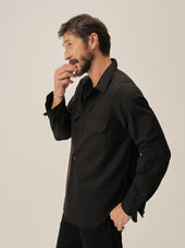 Black Wool Gabardine Diamondhead Camp Shirt