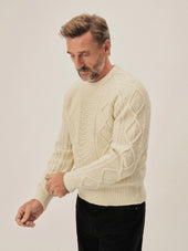 Ivory Seastack Wool Tweed Cable Crew