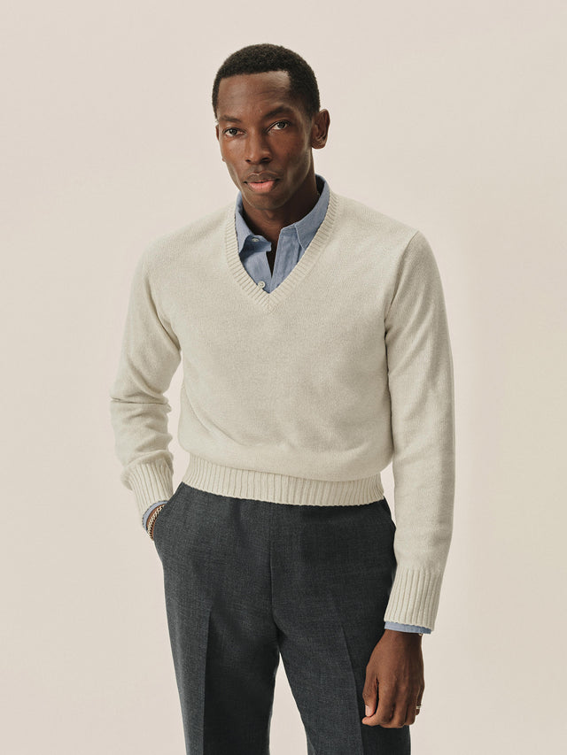 Natural Biella Linen Wool V-Neck