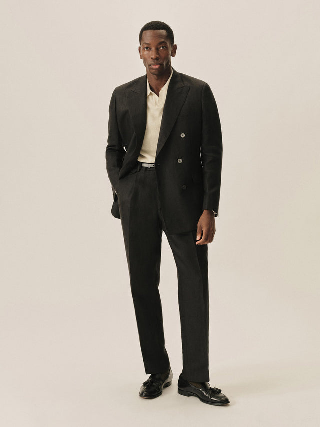 Black Charcoal Linen Herringbone Hollywood Double Breasted Blazer