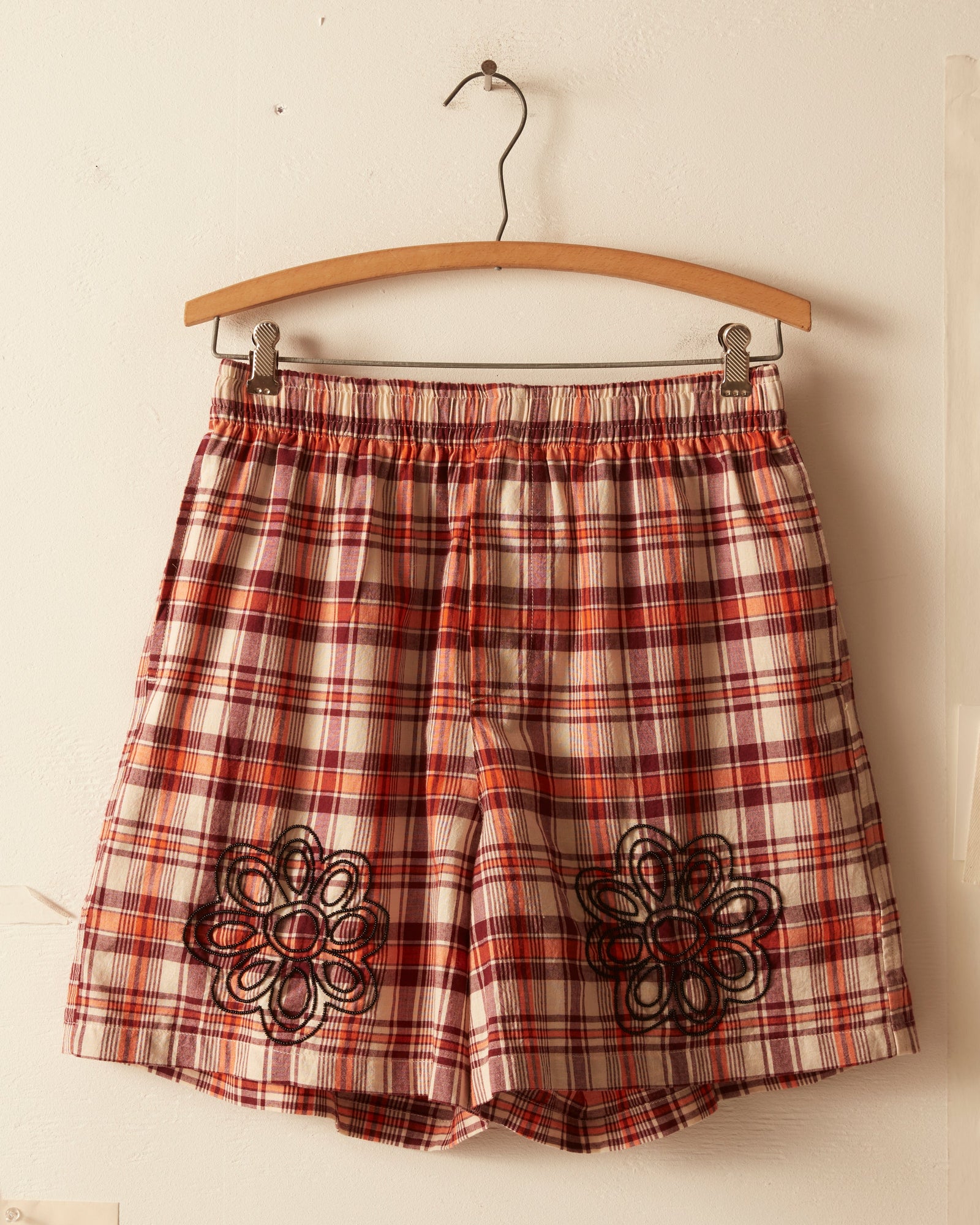 Beaded Floral Madras Shorts Red