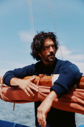Blue Mogganer Navigator Luxury Merino Alcantara Patched Crew Sweater - Navy