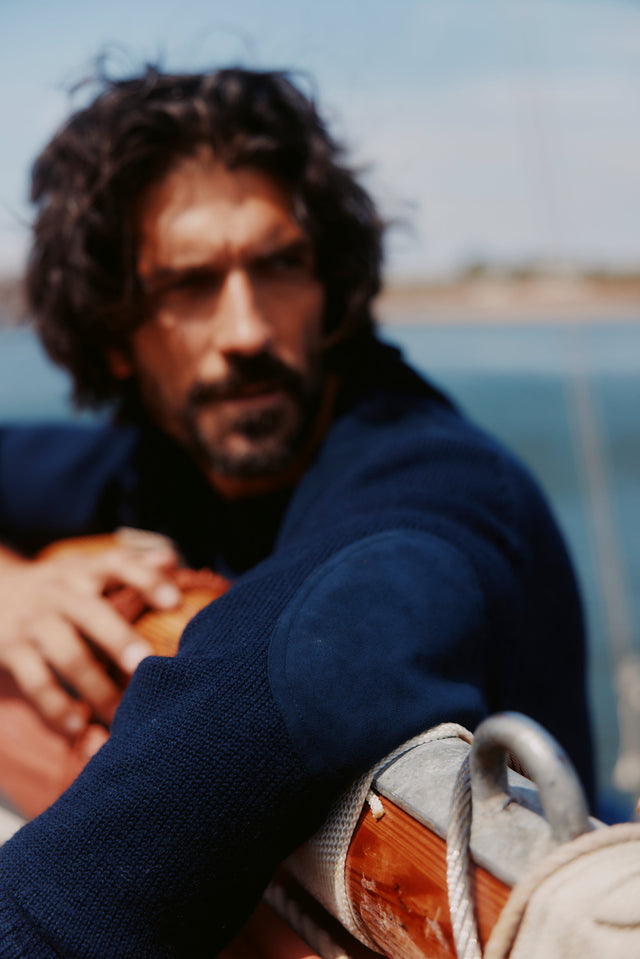 Blue Mogganer Navigator Luxury Merino Alcantara Patched Crew Sweater - Navy