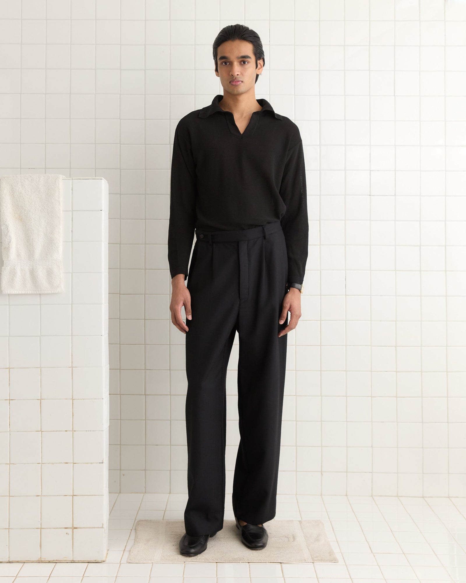 Boxy Long Sleeve Polo - Black