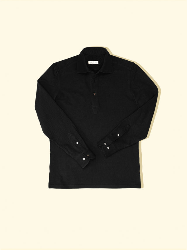 Pique Long Sleeve Spread Collar Polo - Black — The Anthology