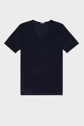 MAGLIA SCOLLO V. 100% COTONE, MANICA CORTA, NAVY.