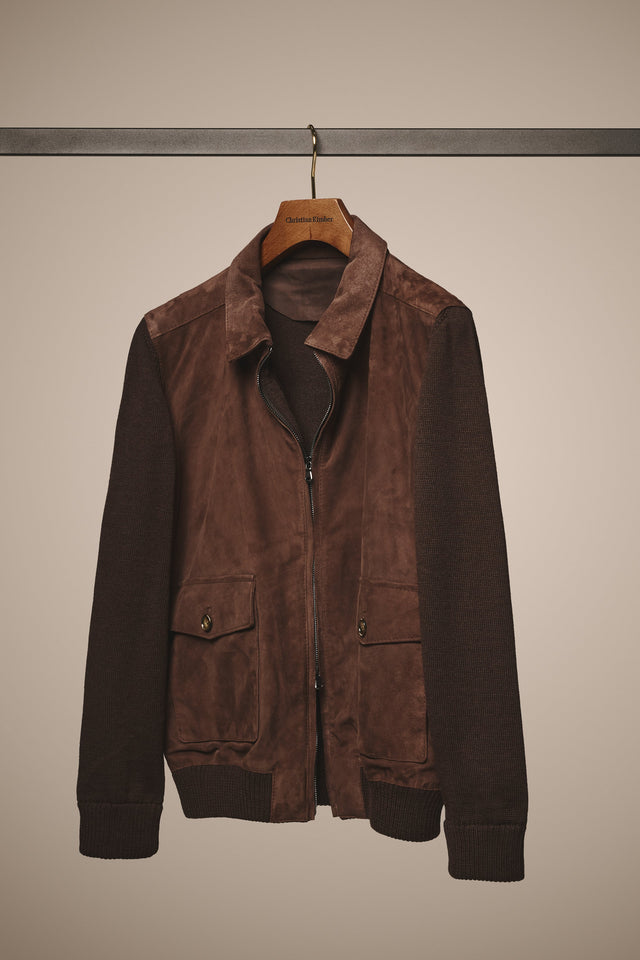 Bomber Jacket - Italian Suede & Merino Wool - Chocolate Brown