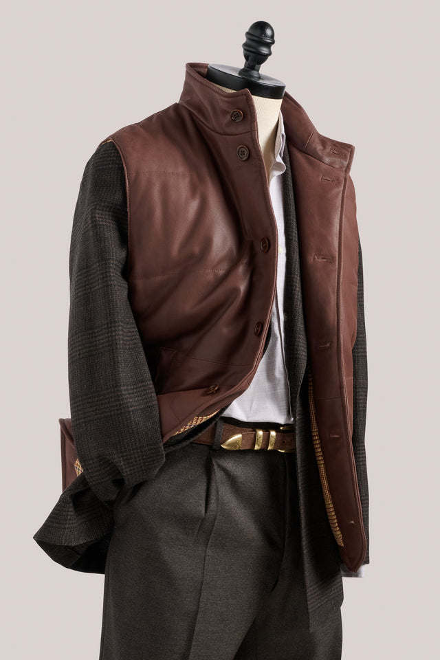 Leather Quilted Vest - Walnut Brown with Plaid Lining