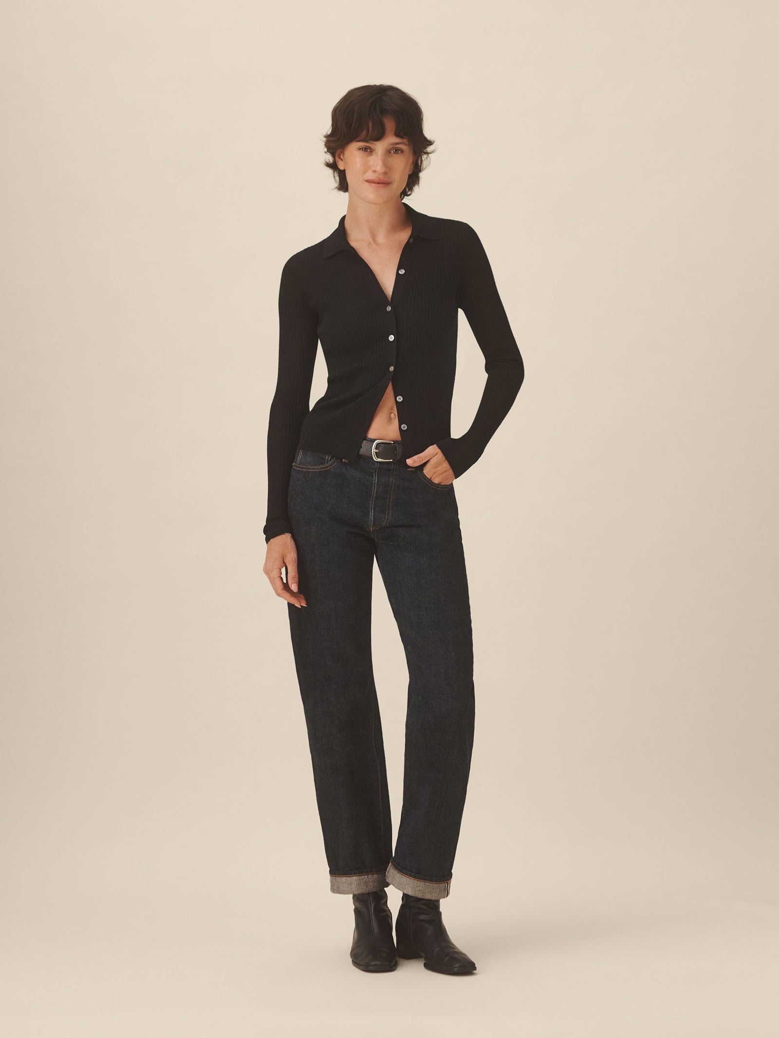 Black Featherweight Silk Cashmere Collared Cardigan