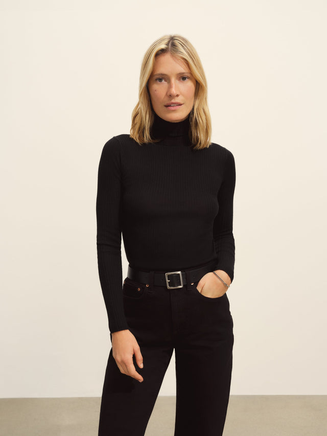 Black Featherweight Silk Cashmere Turtleneck