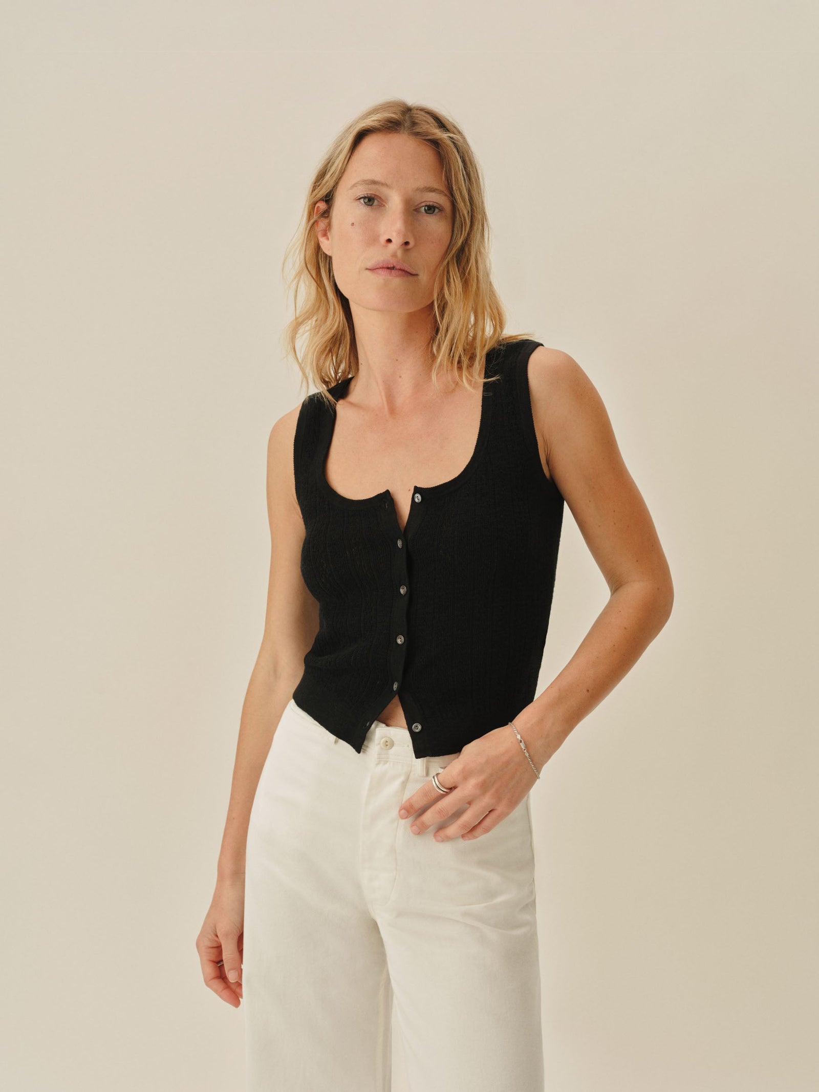 Coastal Linen Pointelle Button Down Tank