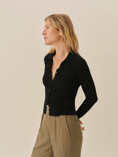 Black Coastal Linen Rib Collared Cardigan