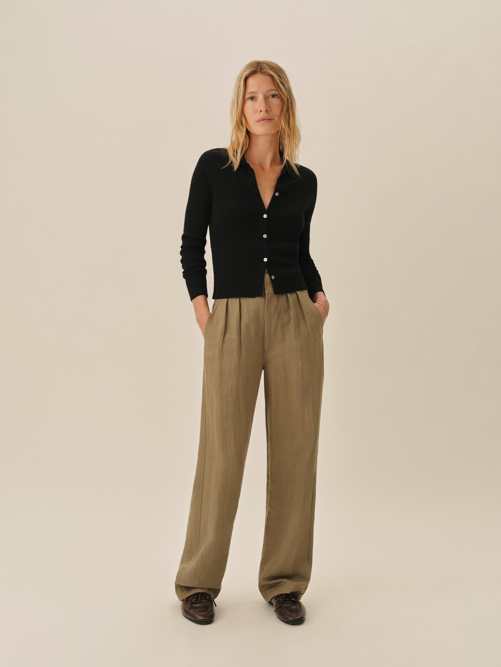 Black Coastal Linen Rib Collared Cardigan