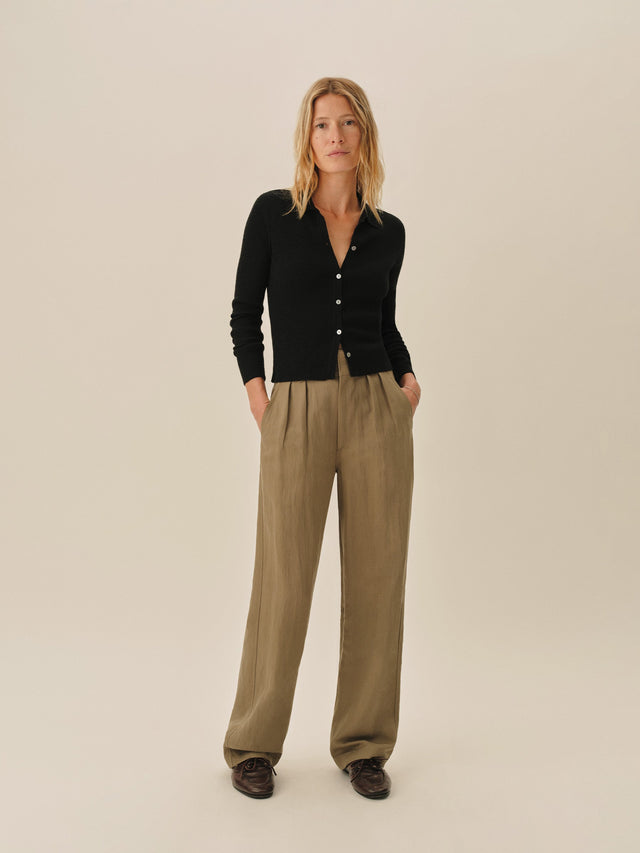 Black Coastal Linen Rib Collared Cardigan