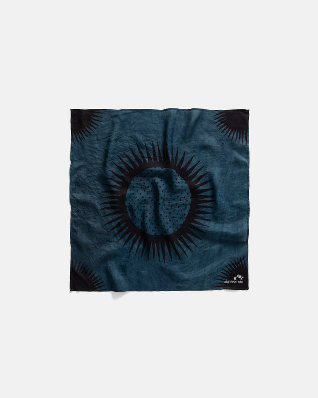 SOLARO HAND-BLOCK PRINTED BANDANA - NATURAL INDIGO / NATURAL IRON DYED COTTON/SILK PLAIN WEAVE