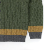 Cabled Rib Stitch Cardigan In Green With Mustard And Grey Hem