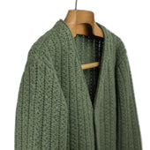 Cabled Rib Stitch Cardigan In Green With Mustard And Grey Hem