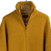 High Collar Zippered Cardigan In Sunflower Gold Popcorn Stitch Wool