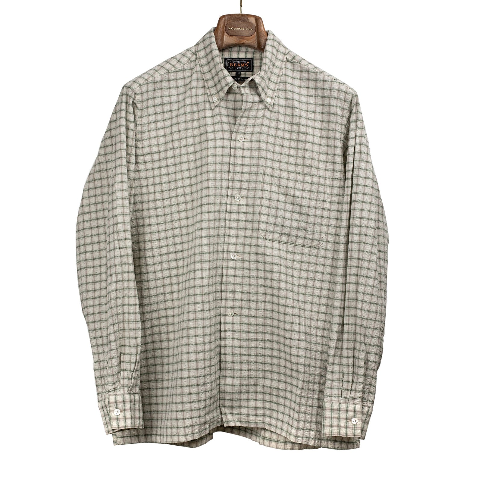Button Down Shirt In Beige And Green Check Cotton And Linen Seersucker
