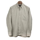 Button down shirt in beige and green check cotton and linen seersucker