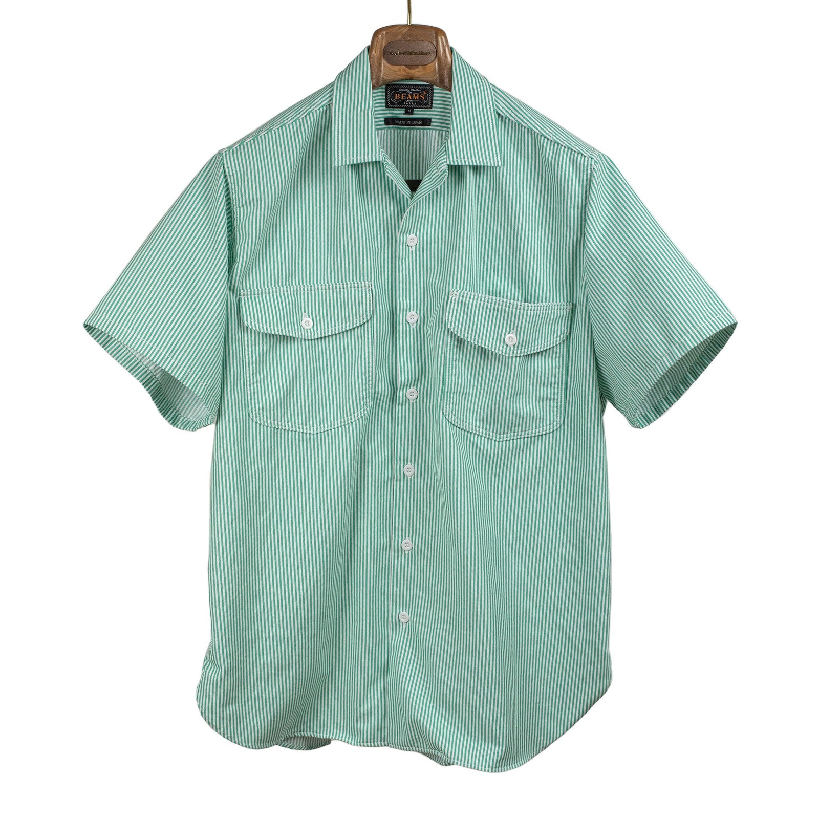 Multi Pocket Shirt In Green Work Stripe Cotton Poly