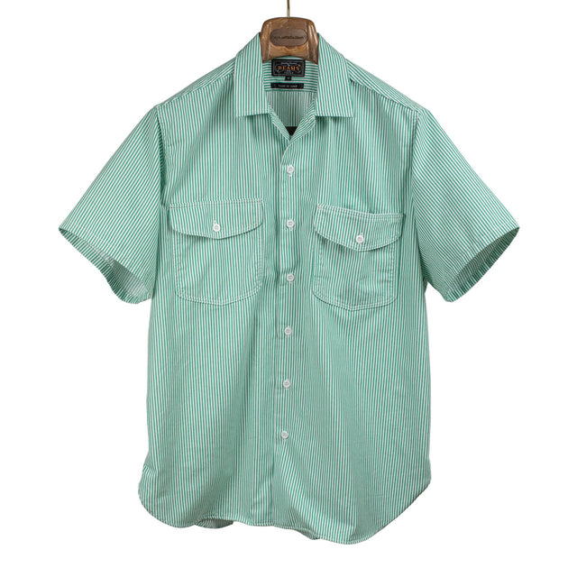 Multi pocket shirt in green work stripe cotton poly