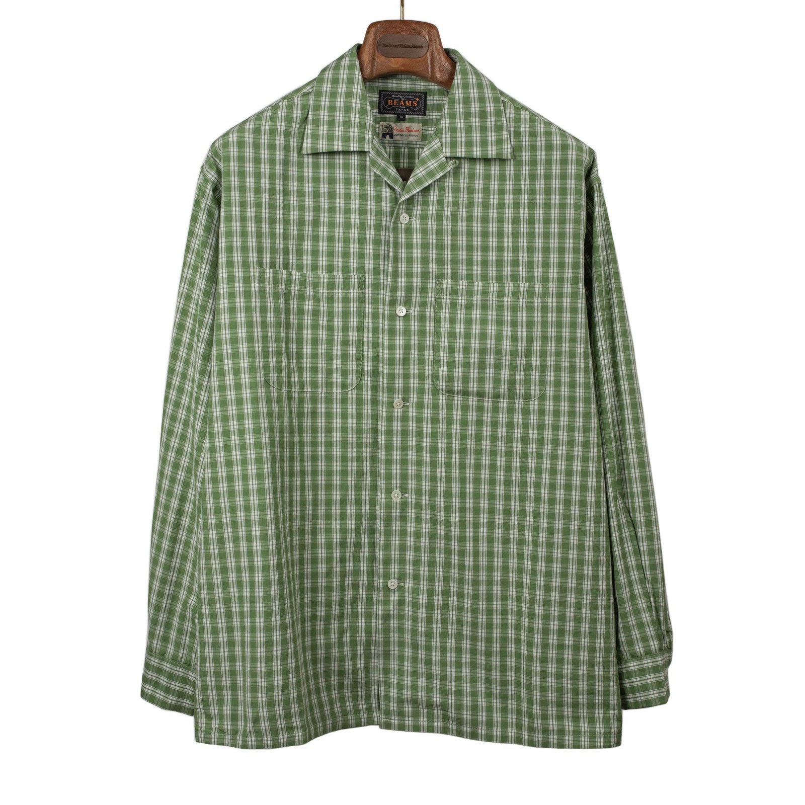 Open Collar Shirt In Green Check Indian Madras Cotton