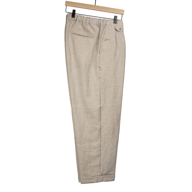 Pleated easy pants in off white linen and cotton basketweave canvas