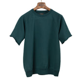 Short sleeve cut-off sweatshirt in dark green cotton terrycloth