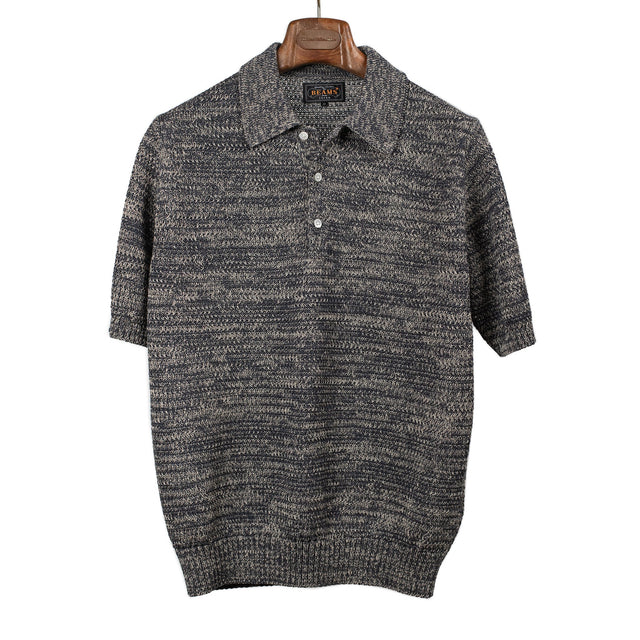 Short sleeve polo in grey melange chunky knit cotton