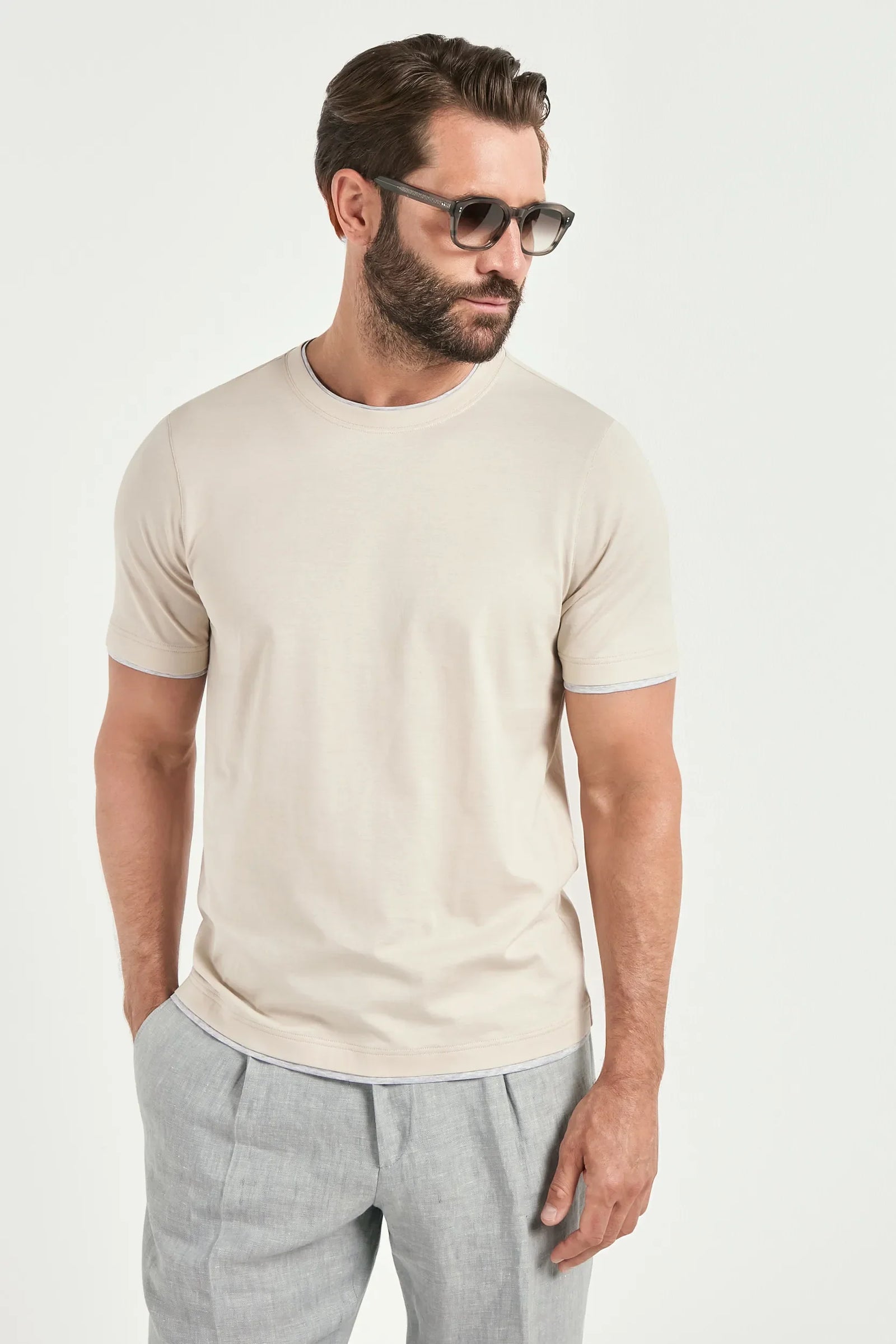 Beige Cotton T Shirt With Collar Detail Made In Italy