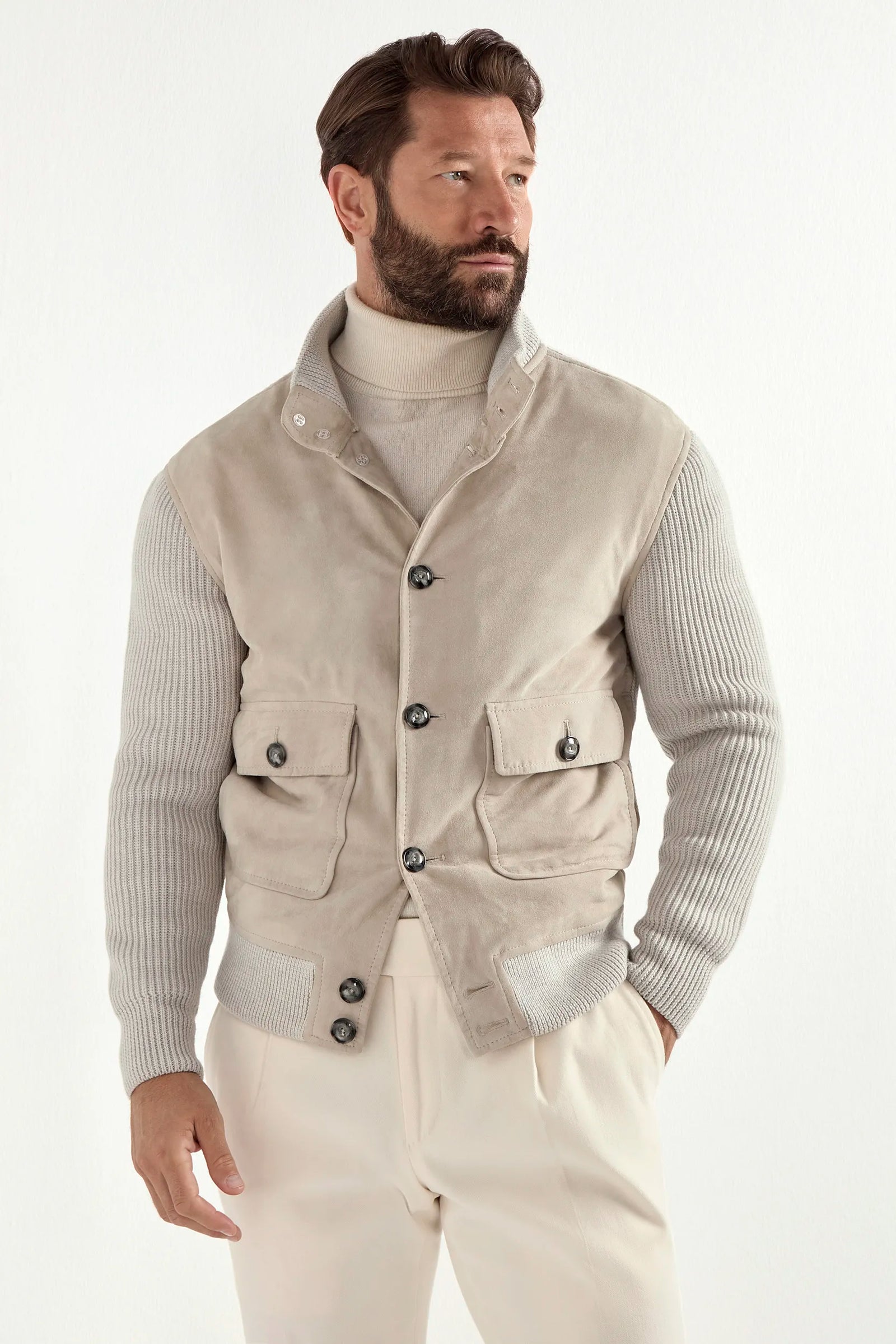 Beige Suede And Knit Bomber Made In Italy