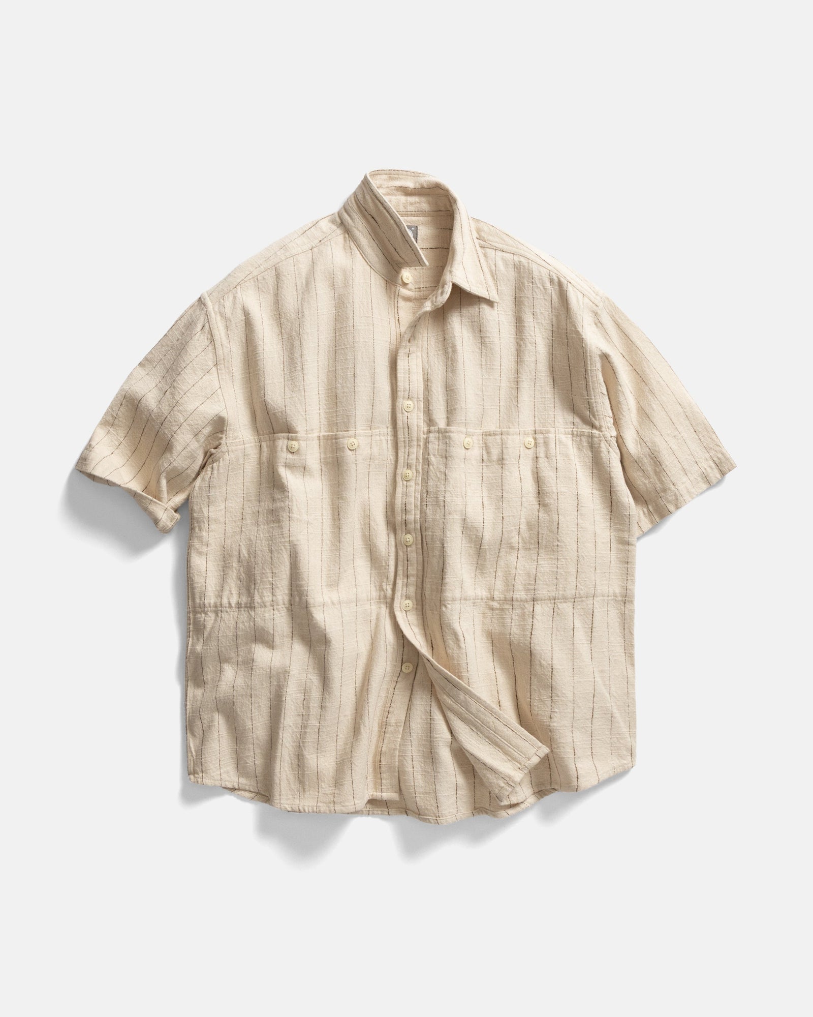 Ss Easy Work Shirt Ecru Striped Handloom Cotton Basketweave