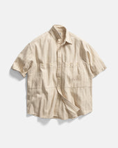 SS EASY WORK SHIRT - ECRU / BROWN STRIPED HANDLOOM COTTON BASKETWEAVE