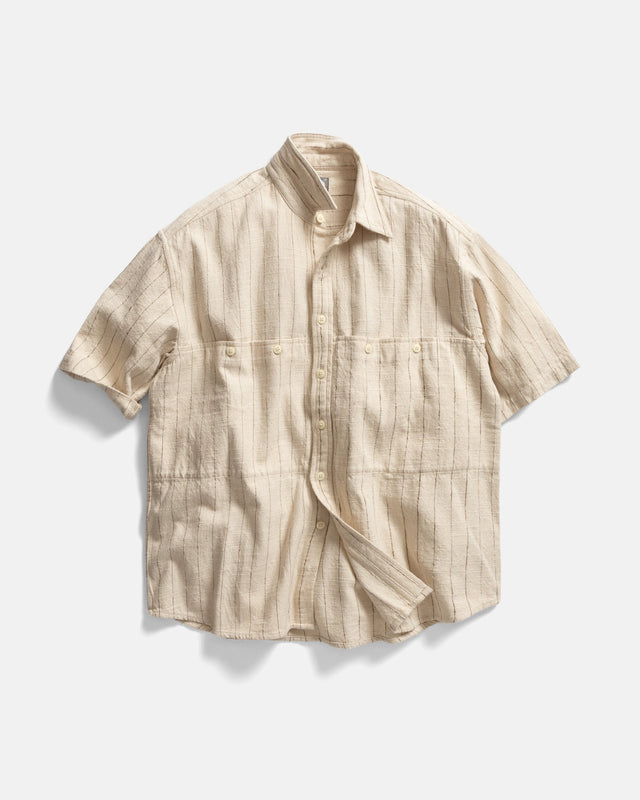 SS EASY WORK SHIRT - ECRU / BROWN STRIPED HANDLOOM COTTON BASKETWEAVE