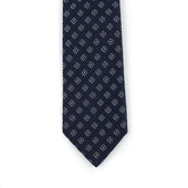Navy basketweave silk and linen tie, white and gold square neat jacquard